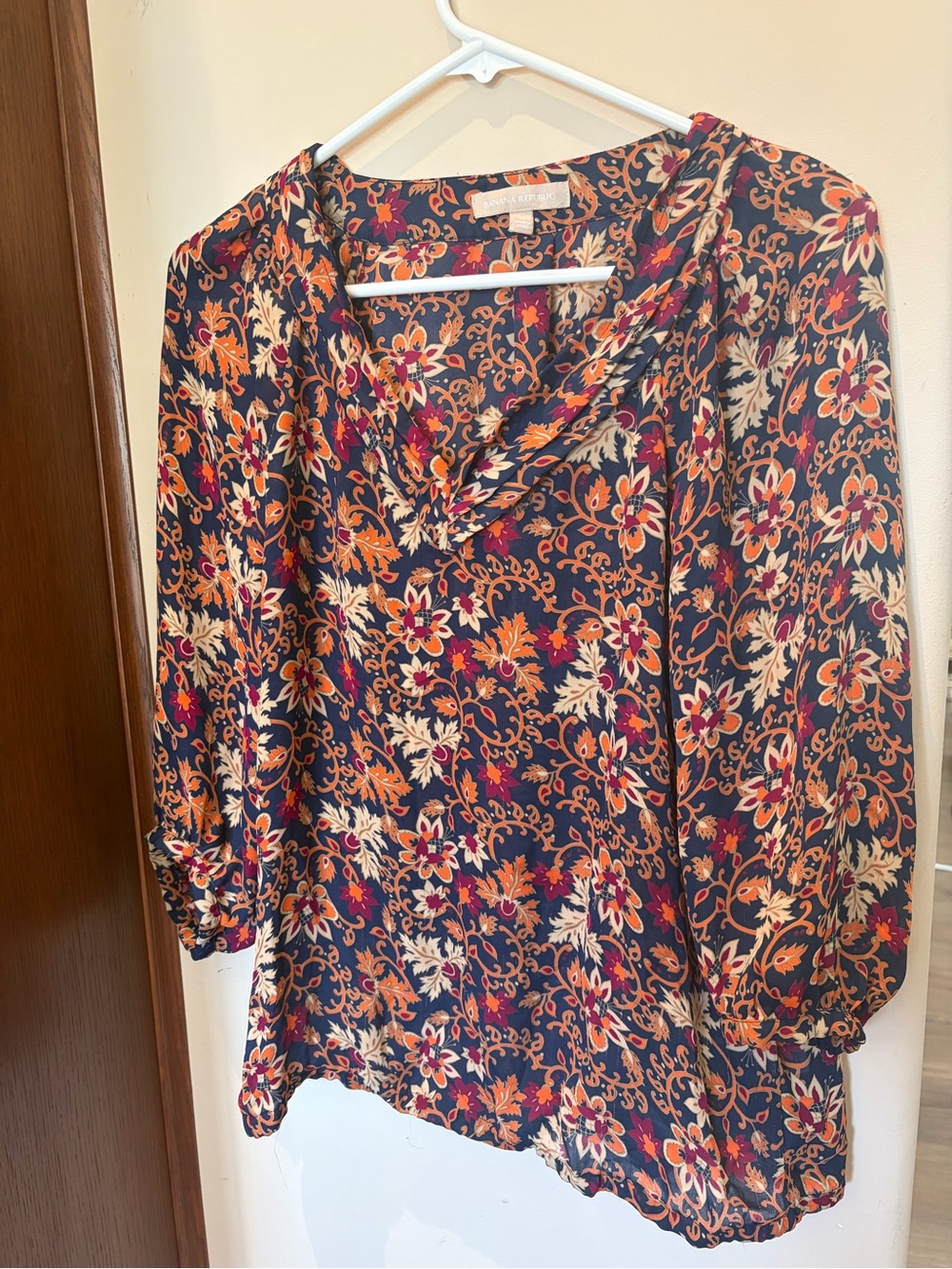Banana Republic Navy Floral V-Neck Blouse with Cream & Orange Accents